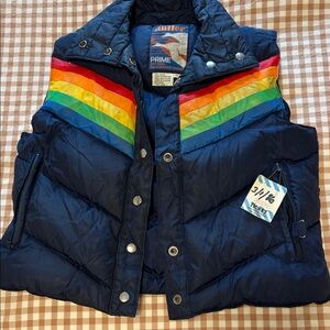 Antler Prime Navy Puffer Vest with Rainbow Chevron. 1986 ski pass attached.